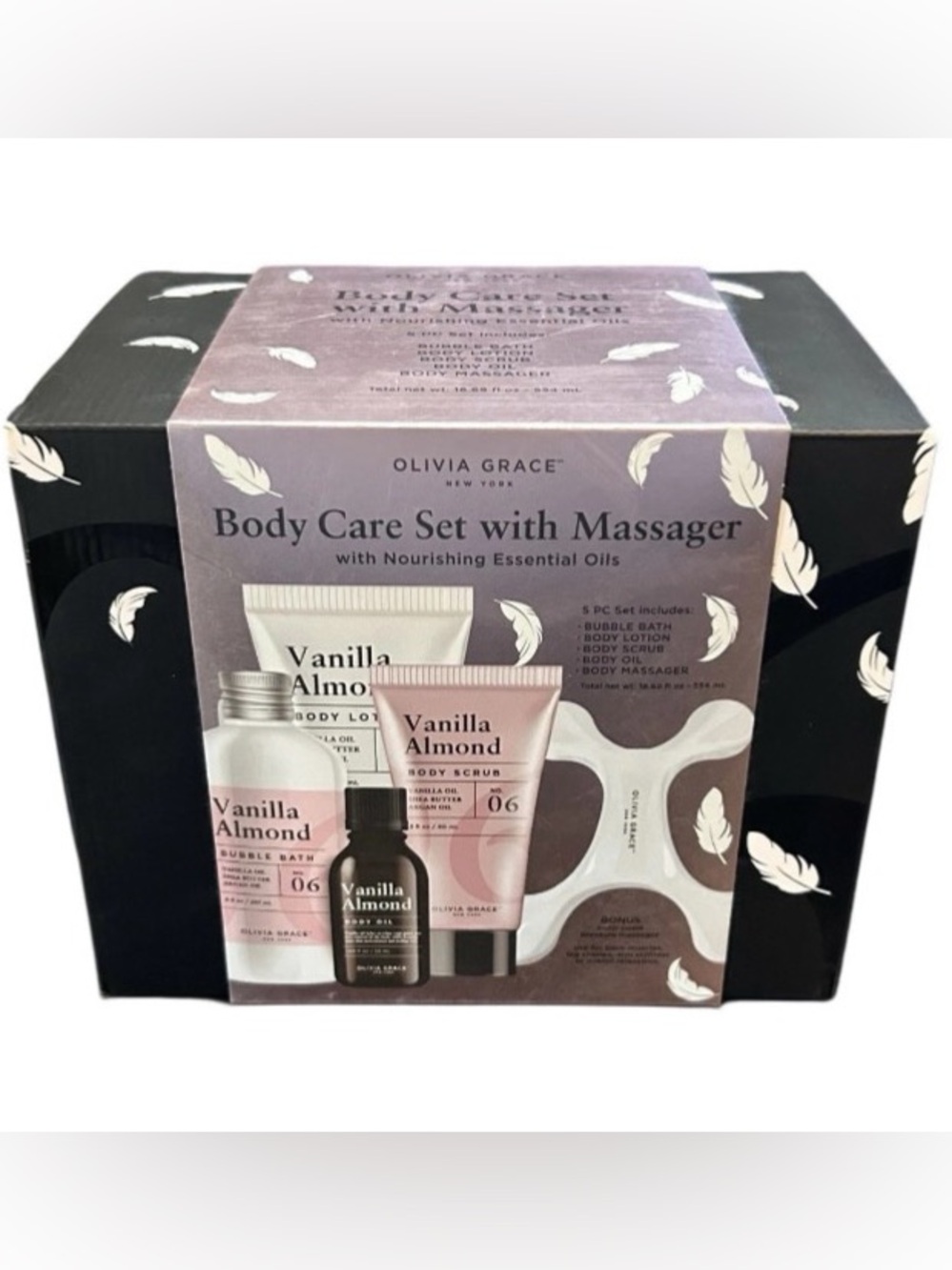 Olivia Grace Body Care With Massager 5 PC Set Vanilla Almond Scented Collection